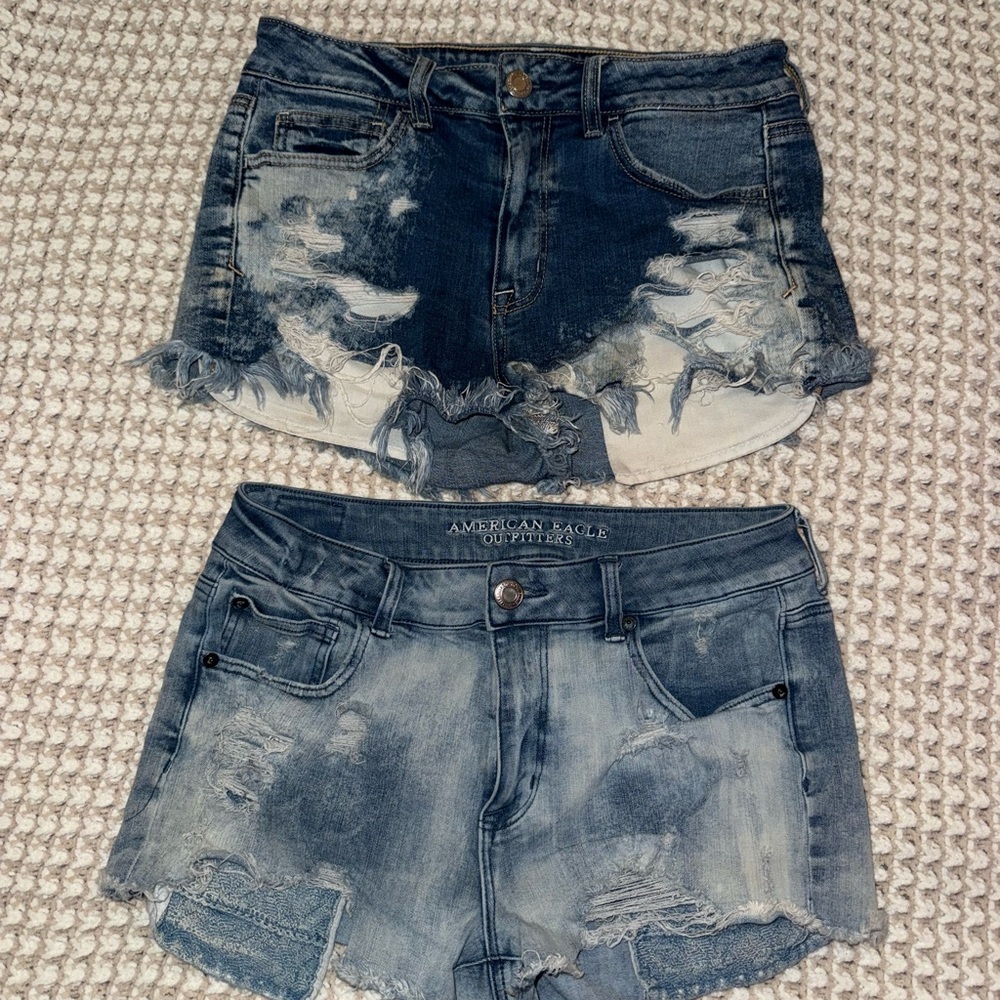 American Eagle Outfitters Distressed Jean Shorts - Dark and Light Blue